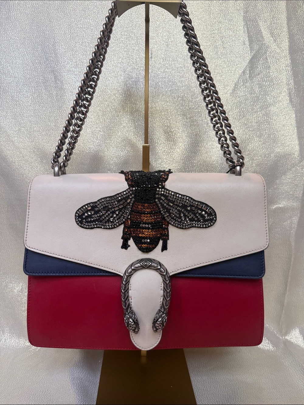 Gucci Red, Navy & White Bee-Appliqué Shoulder Bag